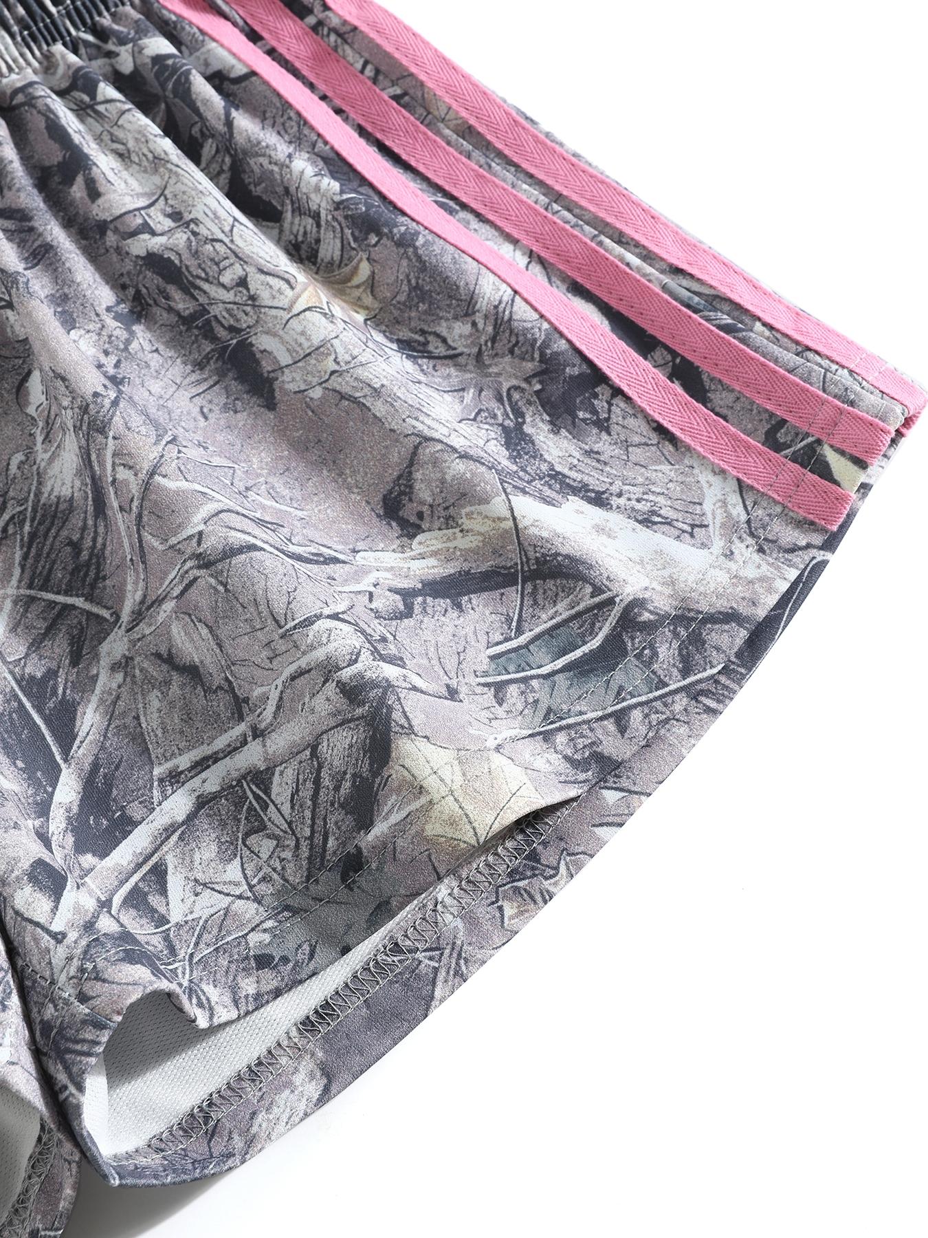 Women's Summer Camo Print Shorts, Casual Loose-Fitting Elastic Waist, Side Striped Design, Outdoor Wear, Daily Use, Womenswear Style