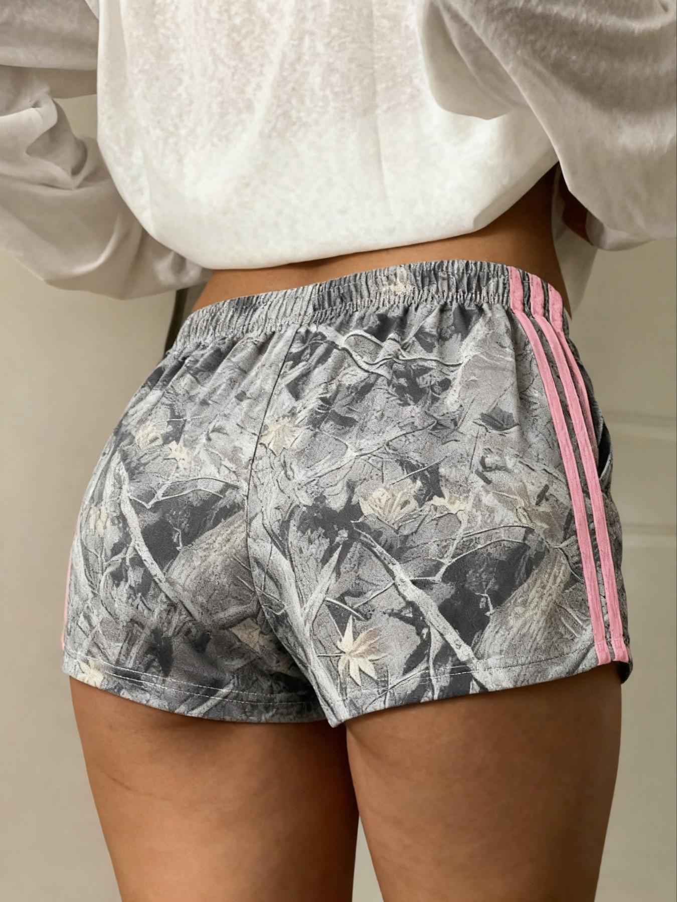 Women's Summer Camo Print Shorts, Casual Loose-Fitting Elastic Waist, Side Striped Design, Outdoor Wear, Daily Use, Womenswear Style