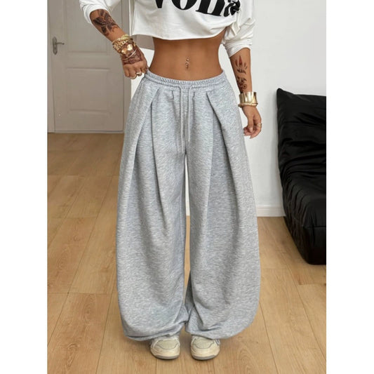 Y2K Low Rise Wide Leg Sweatpants for Women – Baggy Pleated Pants with Pockets, Drawstring Elastic Waist, Casual Lounge & Streetwear