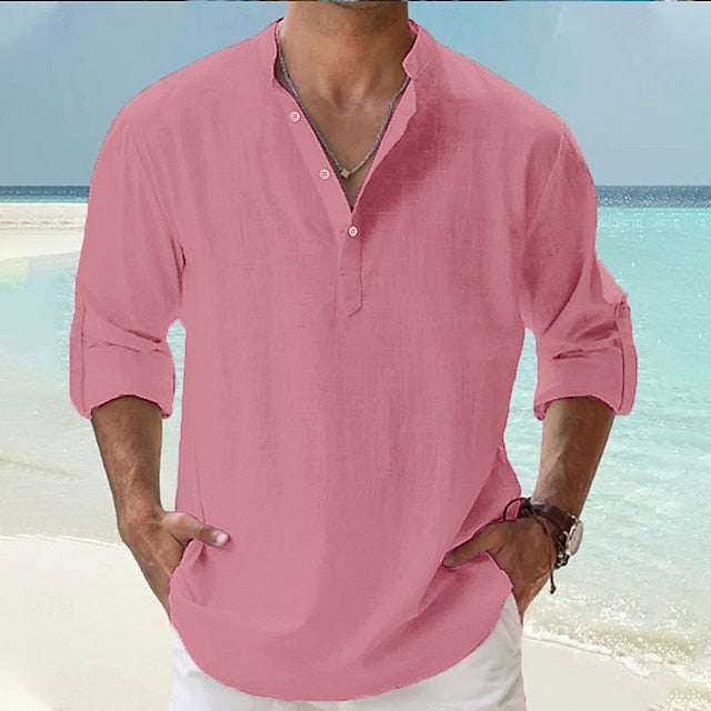 Men's Linen Shirt Popover Shirt Casual Shirt Beach Shirt Band Collar Shirt Plain Beach Vacation Blue Black White Pink Long Sleeve Henley Spring & Summer Clothing Apparel