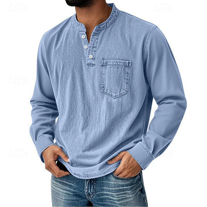 Men’s Acid Wash Cotton Tank – long-Sleeve Henley with Pocket & Buttons