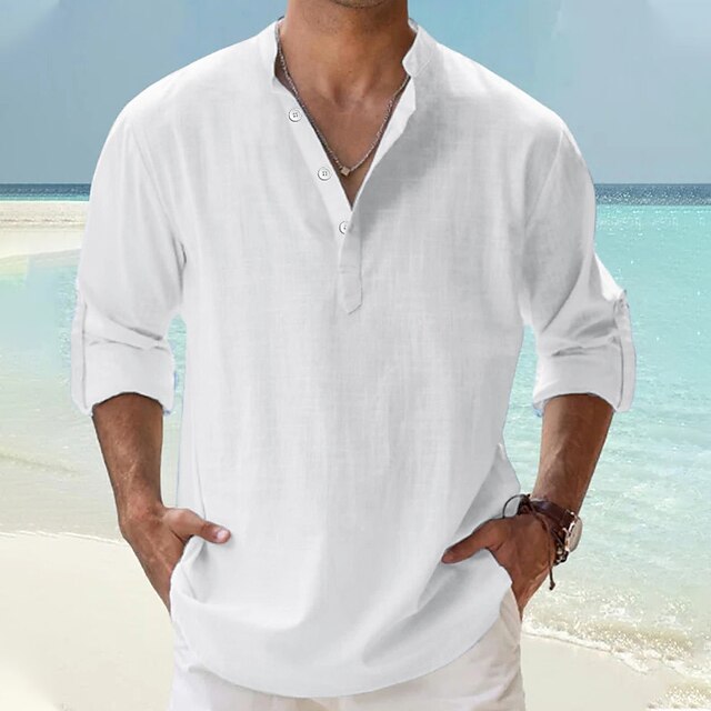 Men's Linen Shirt Popover Shirt Casual Shirt Beach Shirt Band Collar Shirt Plain Beach Vacation Blue Black White Pink Long Sleeve Henley Spring & Summer Clothing Apparel
