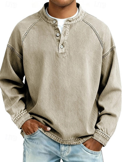 Men's 100% Cotton Acid Wash Long Sleeve Henley Shirt – Vintage Raglan Sleeve Stand Collar Casual Streetwear Top for Spring Fall Winter