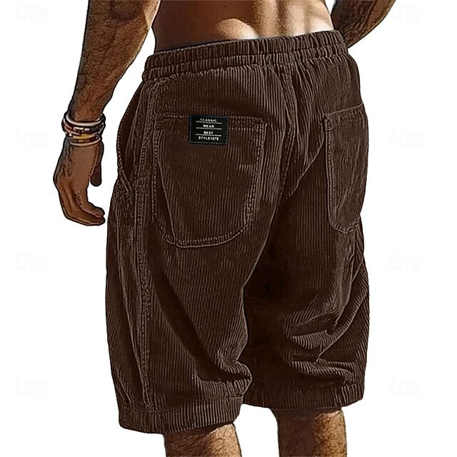 Men's Elastic Waist Corduroy Shorts – Breathable Knee-Length Bottoms with Pockets, Ideal for Vacation, Daily Casual & Outdoor