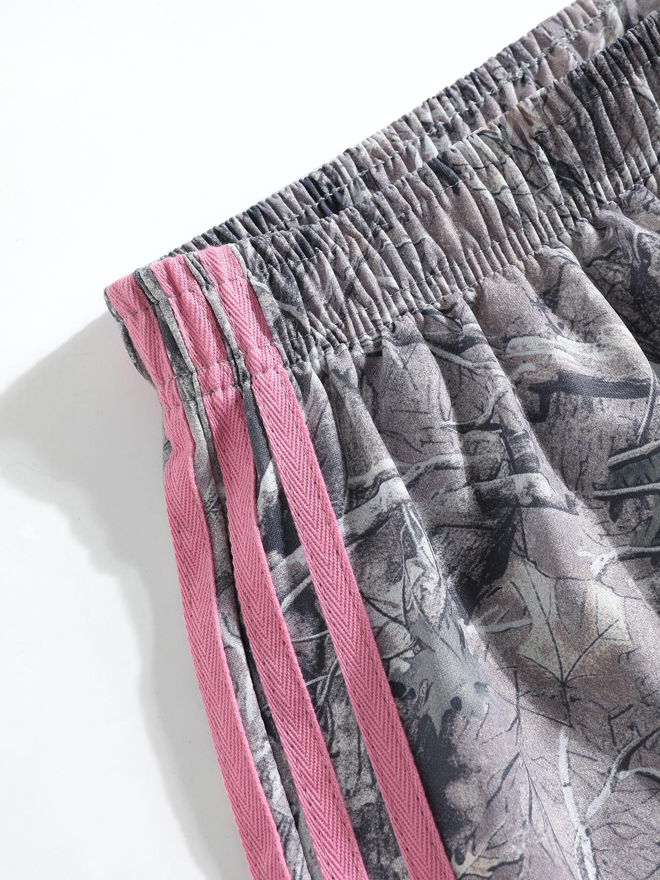 Women's Summer Camo Print Shorts, Casual Loose-Fitting Elastic Waist, Side Striped Design, Outdoor Wear, Daily Use, Womenswear Style
