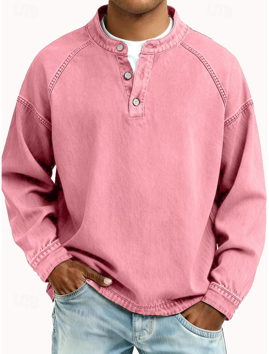 Men's 100% Cotton Acid Wash Long Sleeve Henley Shirt – Vintage Raglan Sleeve Stand Collar Casual Streetwear Top for Spring Fall Winter