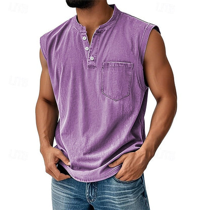 Men’s Acid Wash Cotton Tank – Sleeveless Henley with Pocket & Buttons