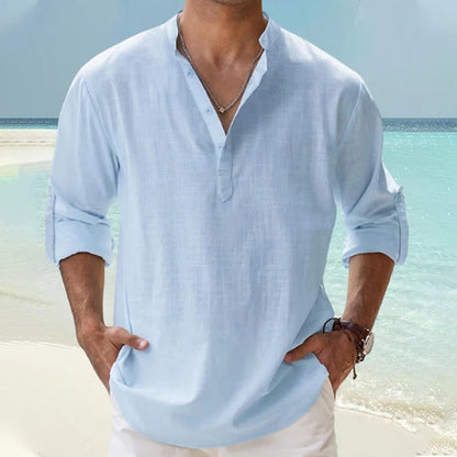 Men's Linen Shirt Popover Shirt Casual Shirt Beach Shirt Band Collar Shirt Plain Beach Vacation Blue Black White Pink Long Sleeve Henley Spring & Summer Clothing Apparel