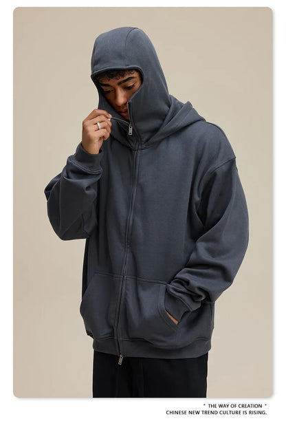 American Retro Quilted Pullover Sweater – Windproof Mask & Zipper Design | Solid Color