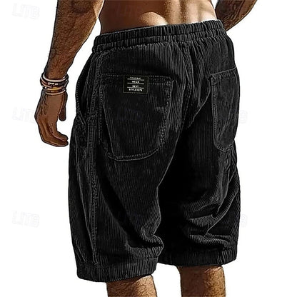 Men's Elastic Waist Corduroy Shorts – Breathable Knee-Length Bottoms with Pockets, Ideal for Vacation, Daily Casual & Outdoor