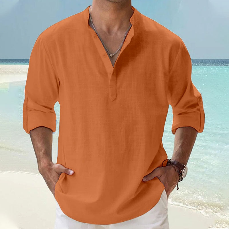 Men's Linen Shirt Popover Shirt Casual Shirt Beach Shirt Band Collar Shirt Plain Beach Vacation Blue Black White Pink Long Sleeve Henley Spring & Summer Clothing Apparel