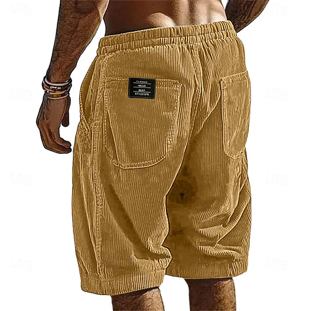 Men's Elastic Waist Corduroy Shorts – Breathable Knee-Length Bottoms with Pockets, Ideal for Vacation, Daily Casual & Outdoor