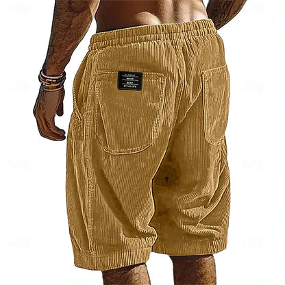 Men's Elastic Waist Corduroy Shorts – Breathable Knee-Length Bottoms with Pockets, Ideal for Vacation, Daily Casual & Outdoor