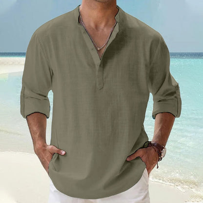 Men's Linen Shirt Popover Shirt Casual Shirt Beach Shirt Band Collar Shirt Plain Beach Vacation Blue Black White Pink Long Sleeve Henley Spring & Summer Clothing Apparel