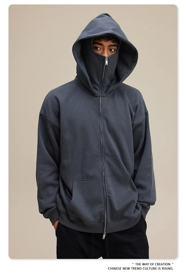 American Retro Quilted Pullover Sweater – Windproof Mask & Zipper Design | Solid Color