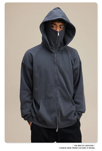 American Retro Quilted Pullover Sweater – Windproof Mask & Zipper Design | Solid Color