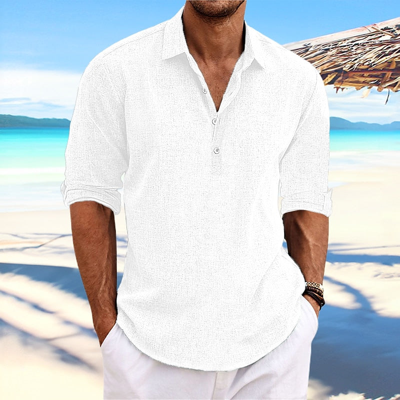 Men's Shirt Linen Shirt Summer Shirt Beach Wear Plain Vacation Casual Black White Blue Green Long Sleeve Lapel Spring & Summer Clothing Apparel