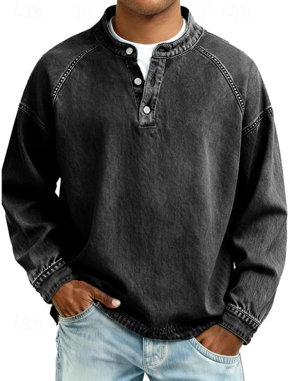 Men's 100% Cotton Acid Wash Long Sleeve Henley Shirt – Vintage Raglan Sleeve Stand Collar Casual Streetwear Top for Spring Fall Winter