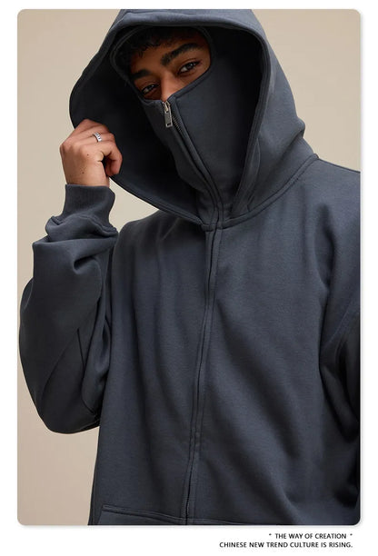 American Retro Quilted Pullover Sweater – Windproof Mask & Zipper Design | Solid Color