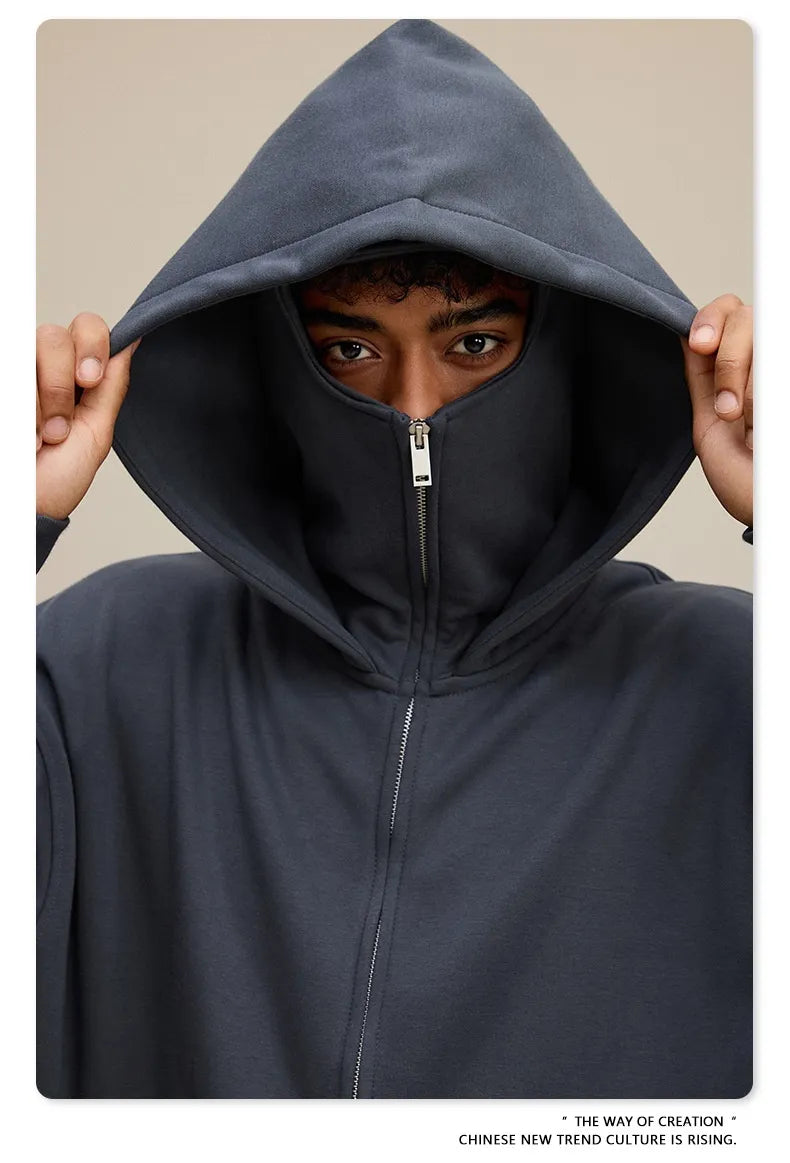 American Retro Quilted Pullover Sweater – Windproof Mask & Zipper Design | Solid Color
