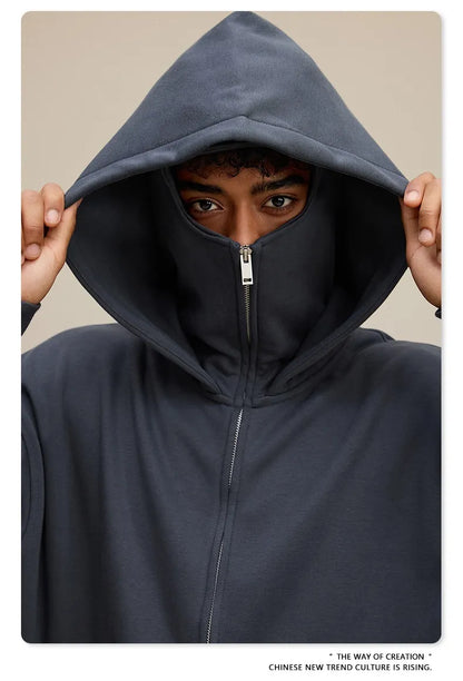 American Retro Quilted Pullover Sweater – Windproof Mask & Zipper Design | Solid Color