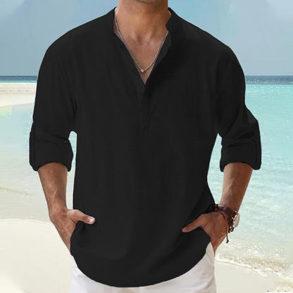 Men's Linen Shirt Popover Shirt Casual Shirt Beach Shirt Band Collar Shirt Plain Beach Vacation Blue Black White Pink Long Sleeve Henley Spring & Summer Clothing Apparel