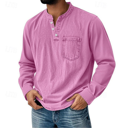 Men’s Acid Wash Cotton Tank – long-Sleeve Henley with Pocket & Buttons
