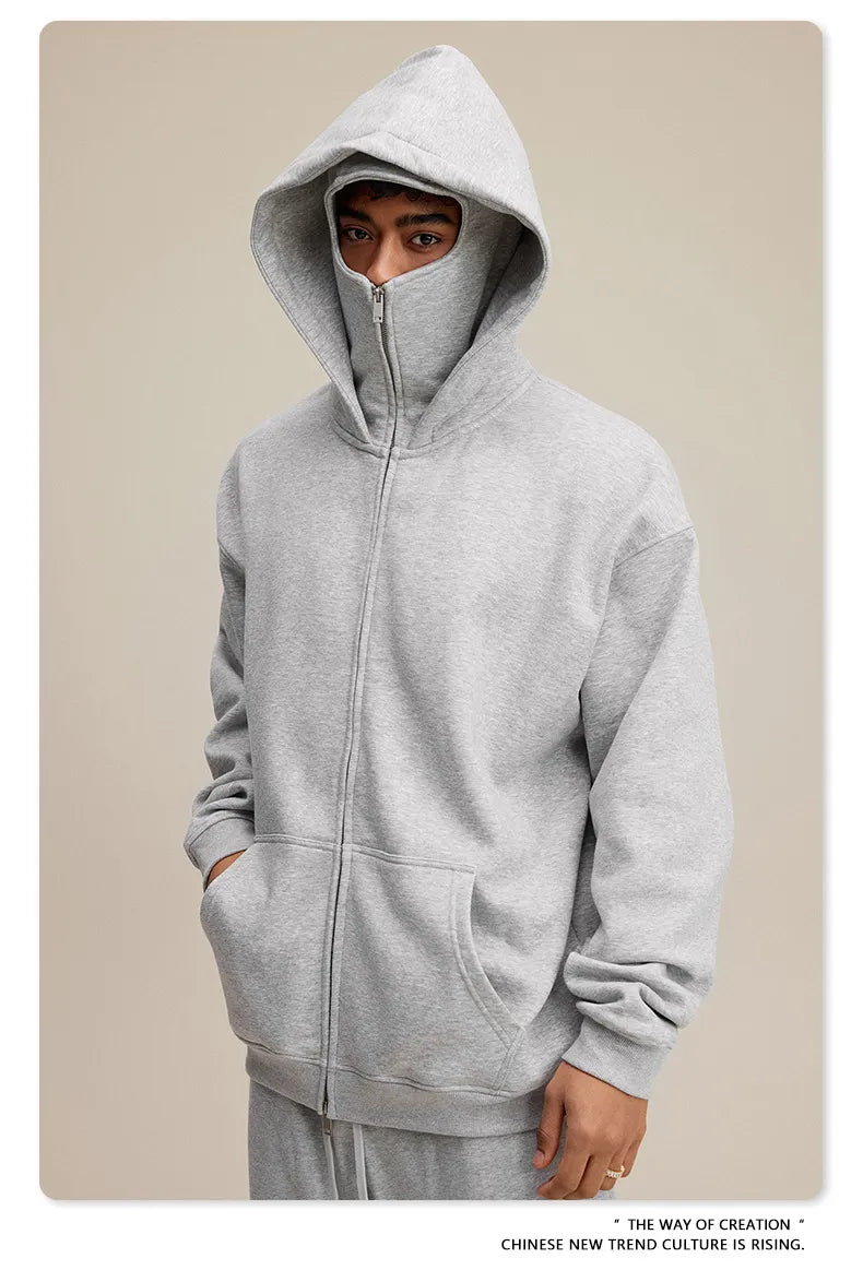 American Retro Quilted Pullover Sweater – Windproof Mask & Zipper Design | Solid Color
