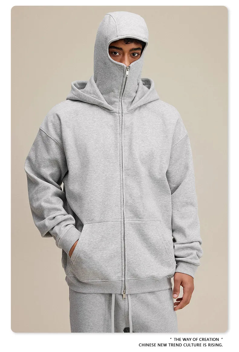 American Retro Quilted Pullover Sweater – Windproof Mask & Zipper Design | Solid Color