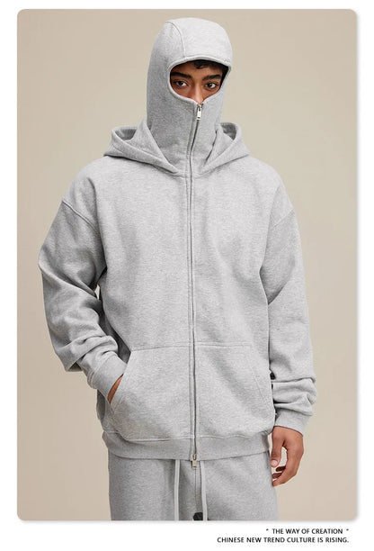 American Retro Quilted Pullover Sweater – Windproof Mask & Zipper Design | Solid Color