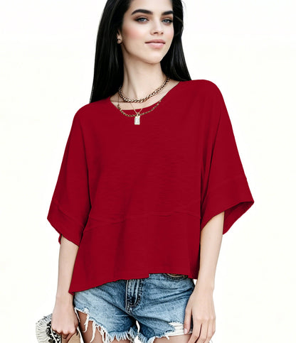 Women's Summer Casual Crewneck Batwing Half Sleeve T-Shirts Solid Color Loose Fit Cute Basic Flowy Tops Tees Blouses