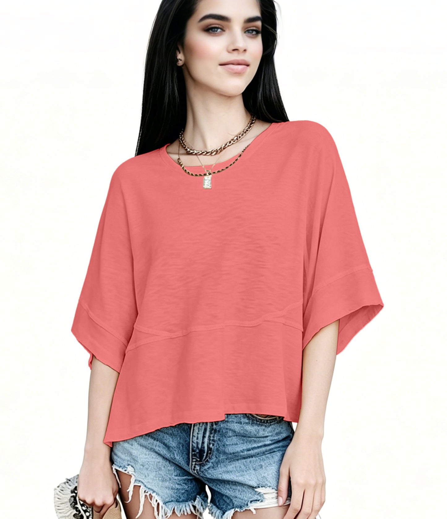 Women's Summer Casual Crewneck Batwing Half Sleeve T-Shirts Solid Color Loose Fit Cute Basic Flowy Tops Tees Blouses