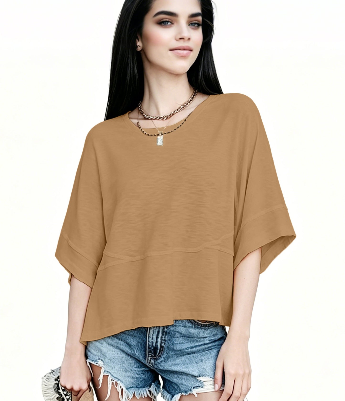 Women's Summer Casual Crewneck Batwing Half Sleeve T-Shirts Solid Color Loose Fit Cute Basic Flowy Tops Tees Blouses