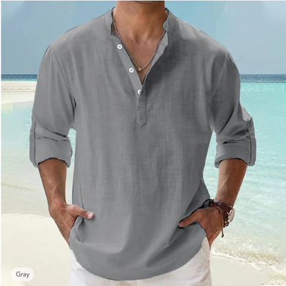 Men's Linen Shirt Popover Shirt Casual Shirt Beach Shirt Band Collar Shirt Plain Beach Vacation Blue Black White Pink Long Sleeve Henley Spring & Summer Clothing Apparel