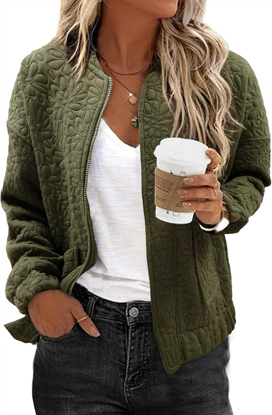 Bomber Jacket Women Jacquard Zip Up Coat with Pockets