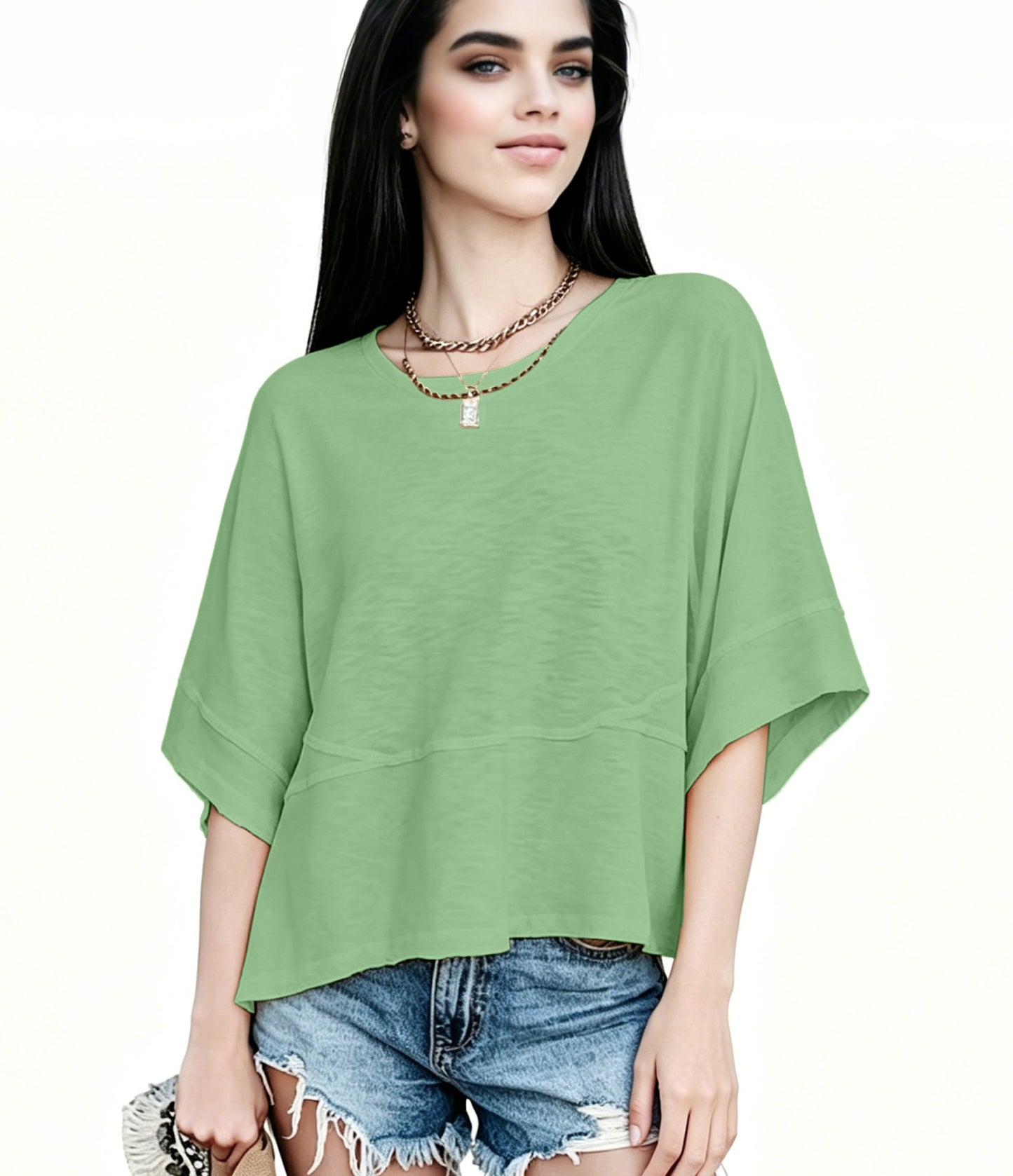 Women's Summer Casual Crewneck Batwing Half Sleeve T-Shirts Solid Color Loose Fit Cute Basic Flowy Tops Tees Blouses