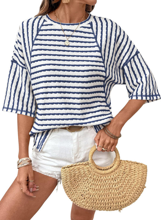 Women's Oversized Striped Color Block Summer T-Shirt