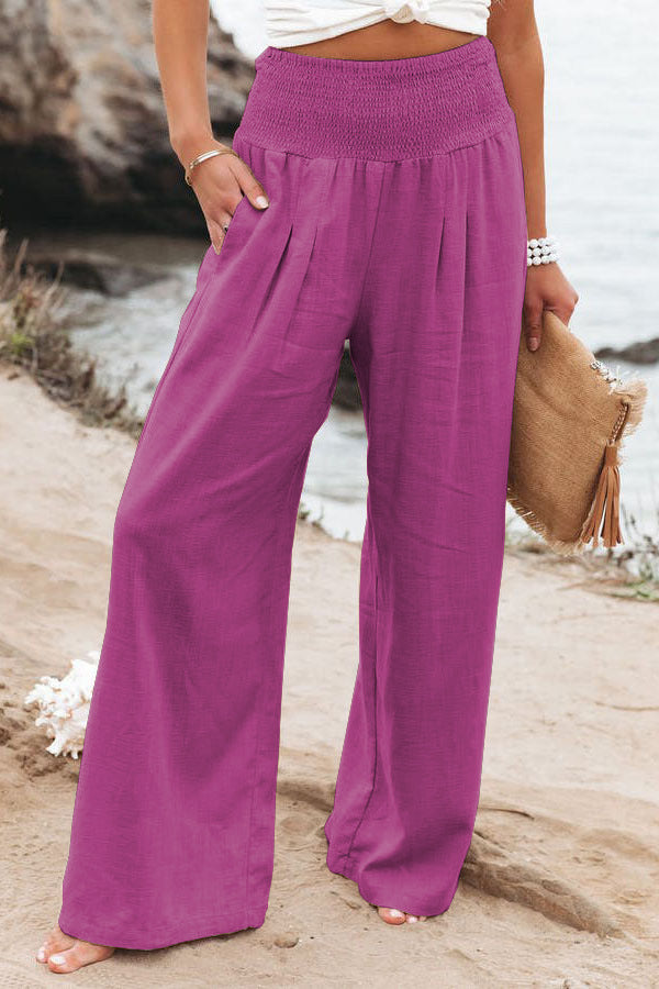 Women's Smocked High-Waist Relaxed Wide-Leg Linen Trousers