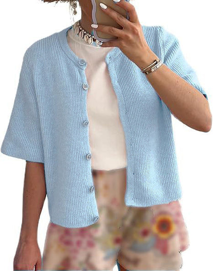 Women's Lightweight Summer Knit Cardigan – Casual Button-Up Short Sleeve Sweater