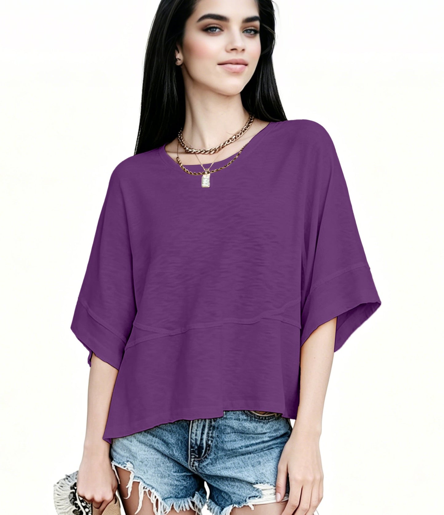 Women's Summer Casual Crewneck Batwing Half Sleeve T-Shirts Solid Color Loose Fit Cute Basic Flowy Tops Tees Blouses