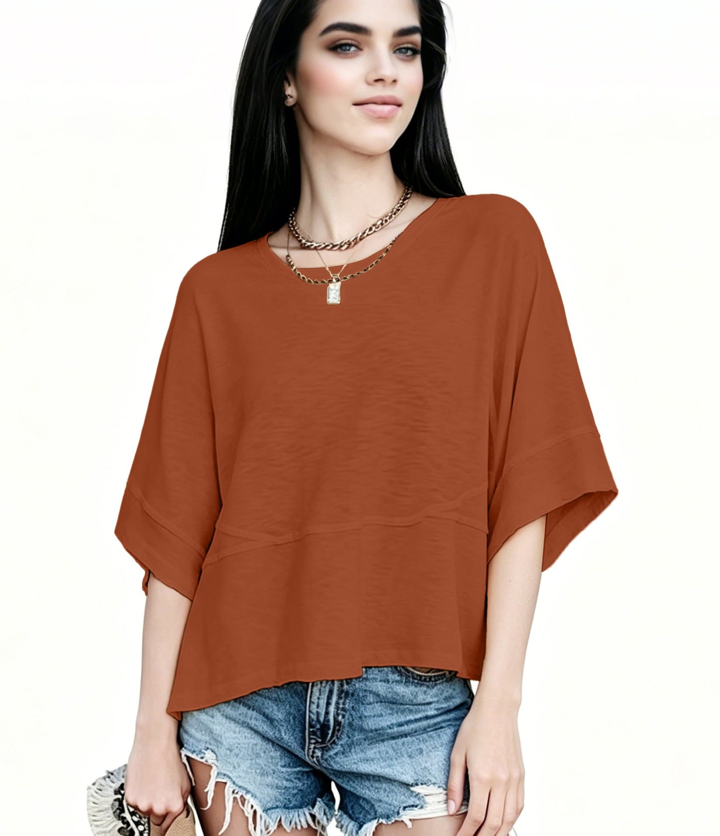 Women's Summer Casual Crewneck Batwing Half Sleeve T-Shirts Solid Color Loose Fit Cute Basic Flowy Tops Tees Blouses