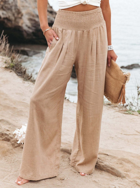 Women's Smocked High-Waist Relaxed Wide-Leg Linen Trousers