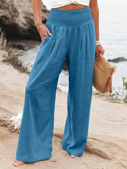 Women's Smocked High-Waist Relaxed Wide-Leg Linen Trousers