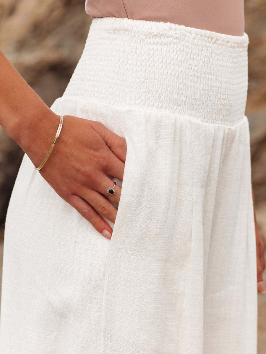 Women's Smocked High-Waist Relaxed Wide-Leg Linen Trousers